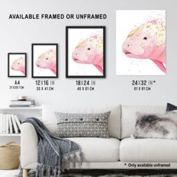 Artery8 Pink Manatee Gold Paint Splatter Animal Portrait Framed Art Print - Size: A4 - thumbnail 3