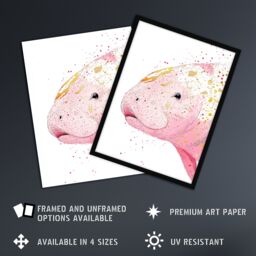 Artery8 Pink Manatee Gold Paint Splatter Animal Portrait Framed Art Print - Size: A4 - thumbnail 2