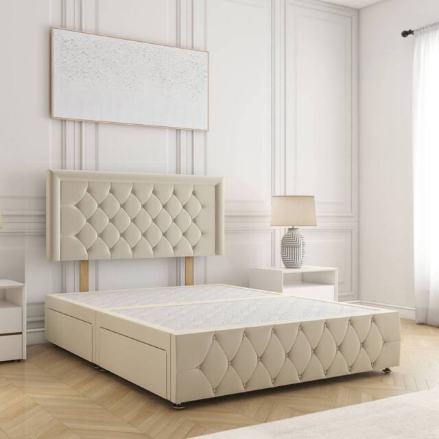 "BSSPOKE Lena Plush Velvet Divan Bed 24"" Headboard & No Mattress No Drawers in Cream - Size: Single" - image 1