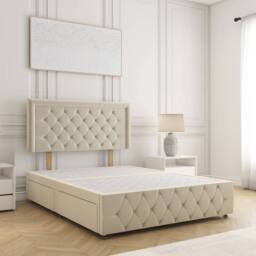 "BSSPOKE Lena Plush Velvet Divan Bed 24"" Headboard & No Mattress No Drawers in Cream - Size: Single" - thumbnail 1