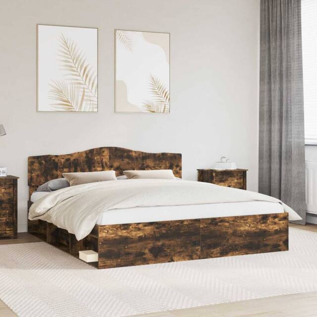 Berkfield Home Bed Frame Smoked Oak 200 x 200 cm Solid Pine Wood in Brown - image 1