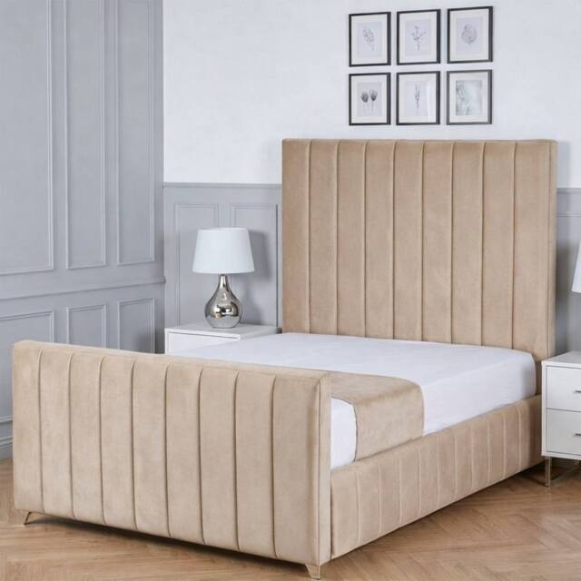 Living Comfort Bedz Zenith Plush Velvet Upholstered Bed Slatted Base with 48Inch Headboard in Beige - Size: Single - image 1