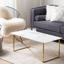 Wyld and Coco Rectangular White Marble-Effect Coffee Table Gold Legs 100 x 50 cm