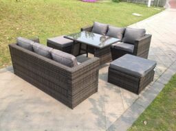 Fimous 8 Seater Lounge Rattan Sofa Dining Table Footstool Outdoor Garden Furniture in Dark Grey - thumbnail 3