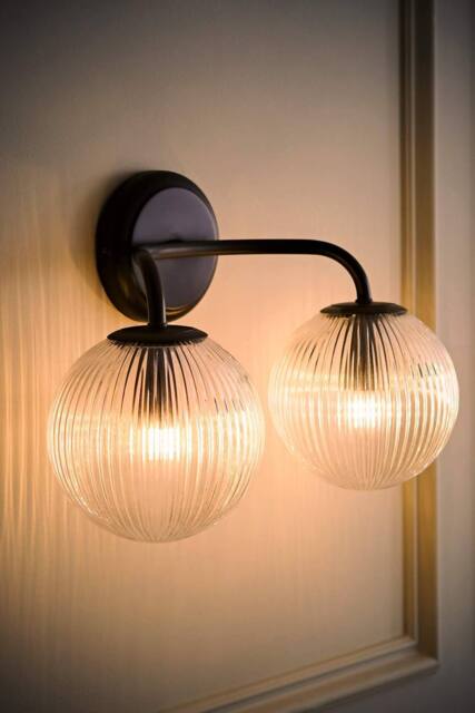 ValueLights Kempton Ribbed Glass Globe Shade 2 Arm Wall Light with Bulbs in Black - image 1