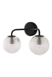 ValueLights Kempton Ribbed Glass Globe Shade 2 Arm Wall Light with Bulbs in Black - thumbnail 6