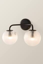 ValueLights Kempton Ribbed Glass Globe Shade 2 Arm Wall Light with Bulbs in Black - thumbnail 3