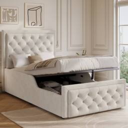 Matteo Children's Upholstered Single Bed - Velvet Hydraulic Storage - Beige
