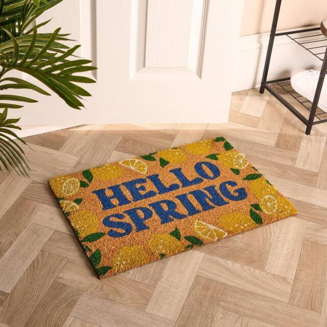 OHS Lemon Print Coir Doormat Hello Spring Slogan Non Slip Door Rug - Size: 40 x 60 cm - image 1