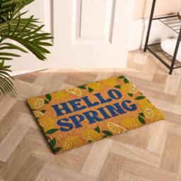 OHS Lemon Print Coir Doormat Hello Spring Slogan Non Slip Door Rug - Size: 40 x 60 cm - thumbnail 1