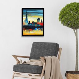 "Artery8 Wall Art Print London Skyline Reflecting On River Thames Modern Oil Paint Art Framed in Black - Size: W12"" x H16""" - thumbnail 2