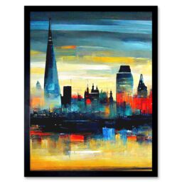 "Artery8 Wall Art Print London Skyline Reflecting On River Thames Modern Oil Paint Art Framed in Black - Size: W12"" x H16""" - thumbnail 1
