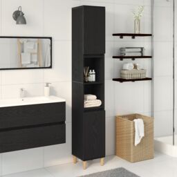 Berkfield Home Bathroom Cabinet Black Oak 30x30x190 cm Engineered Wood - Size: 30 x 30 x 190 cm