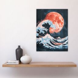 "Artery8 Surreal Great Wave Blood Moon Sea Storm Painting Wall Art Print in Blue - Size: W12"" x H16""" - thumbnail 4