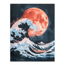 "Artery8 Surreal Great Wave Blood Moon Sea Storm Painting Wall Art Print in Blue - Size: W12"" x H16""" - thumbnail 1