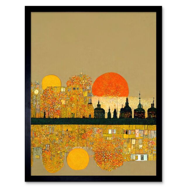 "Artery8 Wall Art Print Klimt Inspired Autumn Sunset City Skyline Patterns Art Framed in Black - Size: W12"" x H16""" - image 1