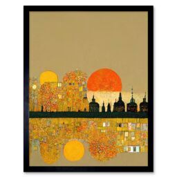 "Artery8 Wall Art Print Klimt Inspired Autumn Sunset City Skyline Patterns Art Framed in Black - Size: W12"" x H16""" - thumbnail 1