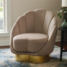 Orsina Mink Velvet Accent Chair- Mink Velvet Upholstery with Scalloped Shell Design, Gold Finish Curved Base in Brown