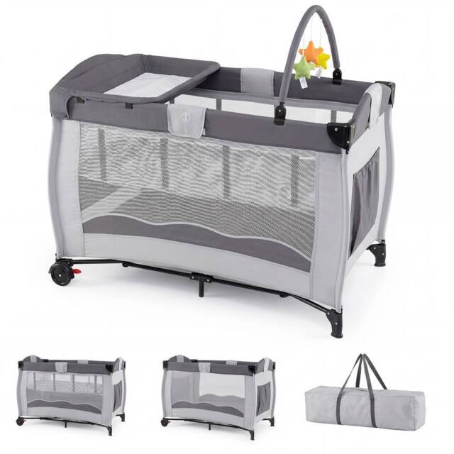 Gymax Folding Playpen 2 Lockable Wheels Diaper Changing Table 3 Hanging Toys in Grey - image 1