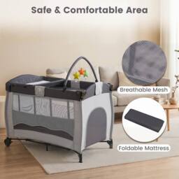 Gymax Folding Playpen 2 Lockable Wheels Diaper Changing Table 3 Hanging Toys in Grey - thumbnail 8