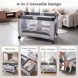 Gymax Folding Playpen 2 Lockable Wheels Diaper Changing Table 3 Hanging Toys in Grey - thumbnail 6