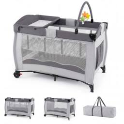 Gymax Folding Playpen 2 Lockable Wheels Diaper Changing Table 3 Hanging Toys in Grey