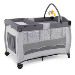 Gymax Folding Playpen 2 Lockable Wheels Diaper Changing Table 3 Hanging Toys in Grey - thumbnail 5