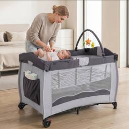 Gymax Folding Playpen 2 Lockable Wheels Diaper Changing Table 3 Hanging Toys in Grey - thumbnail 3