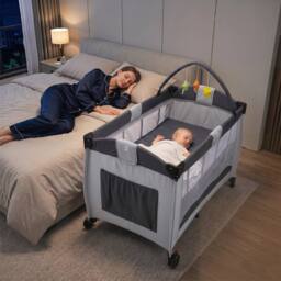 Gymax Folding Playpen 2 Lockable Wheels Diaper Changing Table 3 Hanging Toys in Grey - thumbnail 4