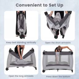 Gymax Folding Playpen 2 Lockable Wheels Diaper Changing Table 3 Hanging Toys in Grey - thumbnail 7