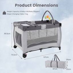 Gymax Folding Playpen 2 Lockable Wheels Diaper Changing Table 3 Hanging Toys in Grey - thumbnail 2