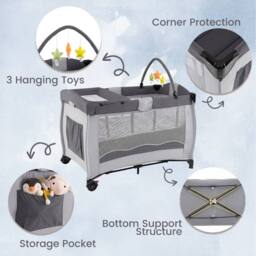 Gymax Folding Playpen 2 Lockable Wheels Diaper Changing Table 3 Hanging Toys in Grey - thumbnail 9
