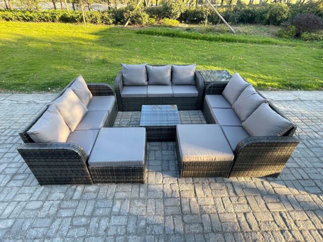 Fimous 11 Seater Rattan Outdoor Furniture Set Patio Garden Sofa Set with Square Coffee Table 3 Seater Sofa 2 Big Footstool Side Table in Dark Grey - image 1