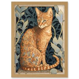 Artery8 Ocicat Cat with Flower Pattern Fur Coat Art Nouveau Watercolour Illustration Artwork Framed Wall Art Print A4 in Light Oak - thumbnail 1