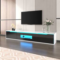 Merax Wall-mounted High-Gloss TV Cabinet with Colour-Changing LED Lights in Black - thumbnail 1