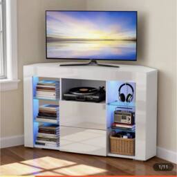 FORGEVIO Modern Corner TV Unit Stand Entertainment Center LED Cabinet in White - thumbnail 5