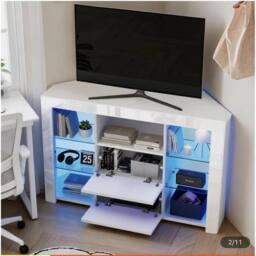 FORGEVIO Modern Corner TV Unit Stand Entertainment Center LED Cabinet in White - thumbnail 4