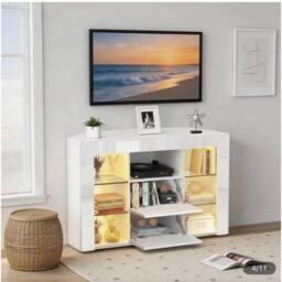 FORGEVIO Modern Corner TV Unit Stand Entertainment Center LED Cabinet in White - thumbnail 6