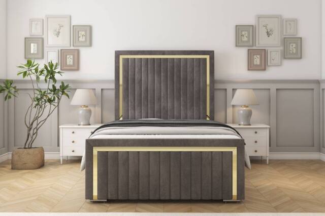 "Sloomy Boston Gold Naples Bed Frame With 50"" Upholstered Headboard in Grey - Size: Double" - image 1