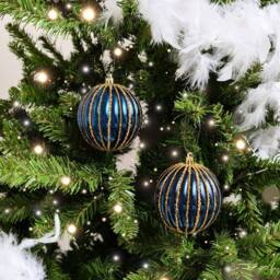 Melody Maison Set Of 2 Blue Glitter Striped Reeded Hanging Baubles - 8cm - thumbnail 5
