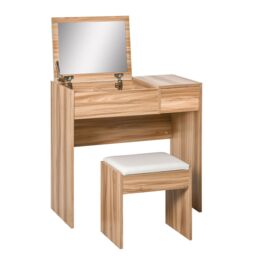 HOMCOM Dressing Table Set Cushioned Stool Flip-up Mirror Drawer Chipboard in Natural - thumbnail 2