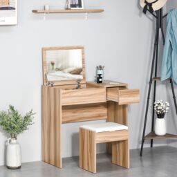 HOMCOM Dressing Table Set Cushioned Stool Flip-up Mirror Drawer Chipboard in Natural - thumbnail 4