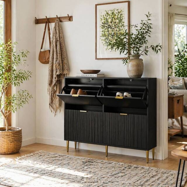Wyld Haus Cofa Zimo 4 Drawer Black Shoe Cabinet Ridged Fronts & Gold Handles - image 1