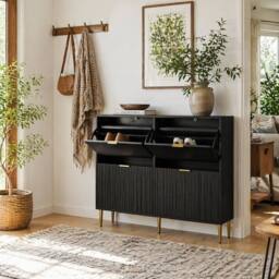 Wyld Haus Cofa Zimo 4 Drawer Black Shoe Cabinet Ridged Fronts & Gold Handles - thumbnail 1