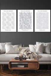 ARTZE Set of 3 White Framed Light Grey William Morris Vintage Floral Wall Art - Size: W45 cm x H62 cm x D20mm