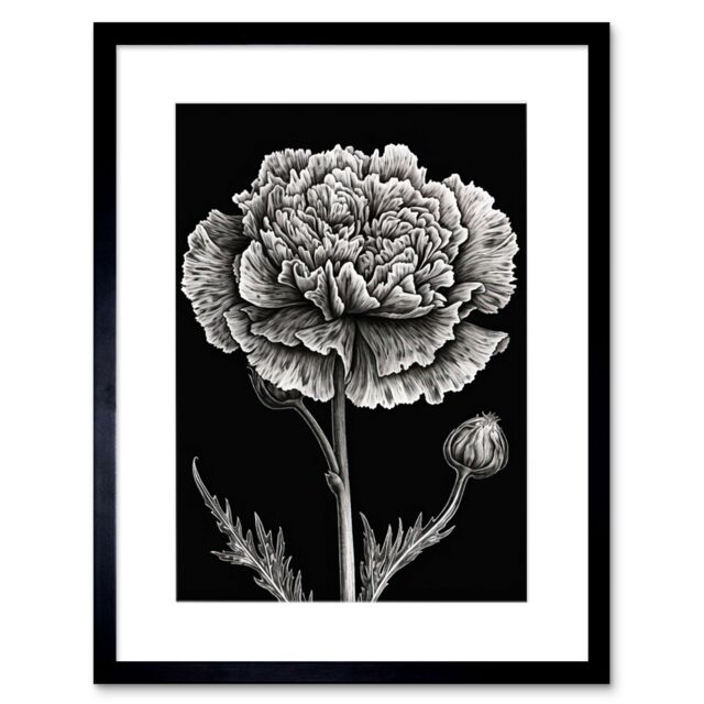 "Artery8 Wall Art Print Black & White Linocut Carnation Flower Artwork Framed 9X7 Inch - Size: W7"" x H9""" - image 1