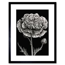 "Artery8 Wall Art Print Black & White Linocut Carnation Flower Artwork Framed 9X7 Inch - Size: W7"" x H9""" - thumbnail 1