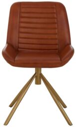 Orsina Tan Genuine Leather Chair, Pleated Channel‑Detail Tan Leather Seat & Back, Gold‑Finish Angular Iron Legs in Brown