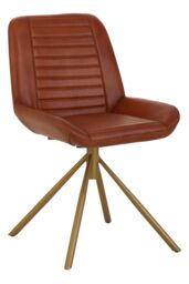 Orsina Tan Genuine Leather Chair, Pleated Channel‑Detail Tan Leather Seat & Back, Gold‑Finish Angular Iron Legs in Brown - thumbnail 4