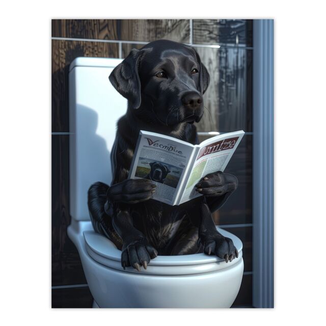 "Artery8 Wall Art Print Dog Lover Funny Black Labrador Reading on Toilet Poster in Grey - Size: W24"" x H32""" - image 1